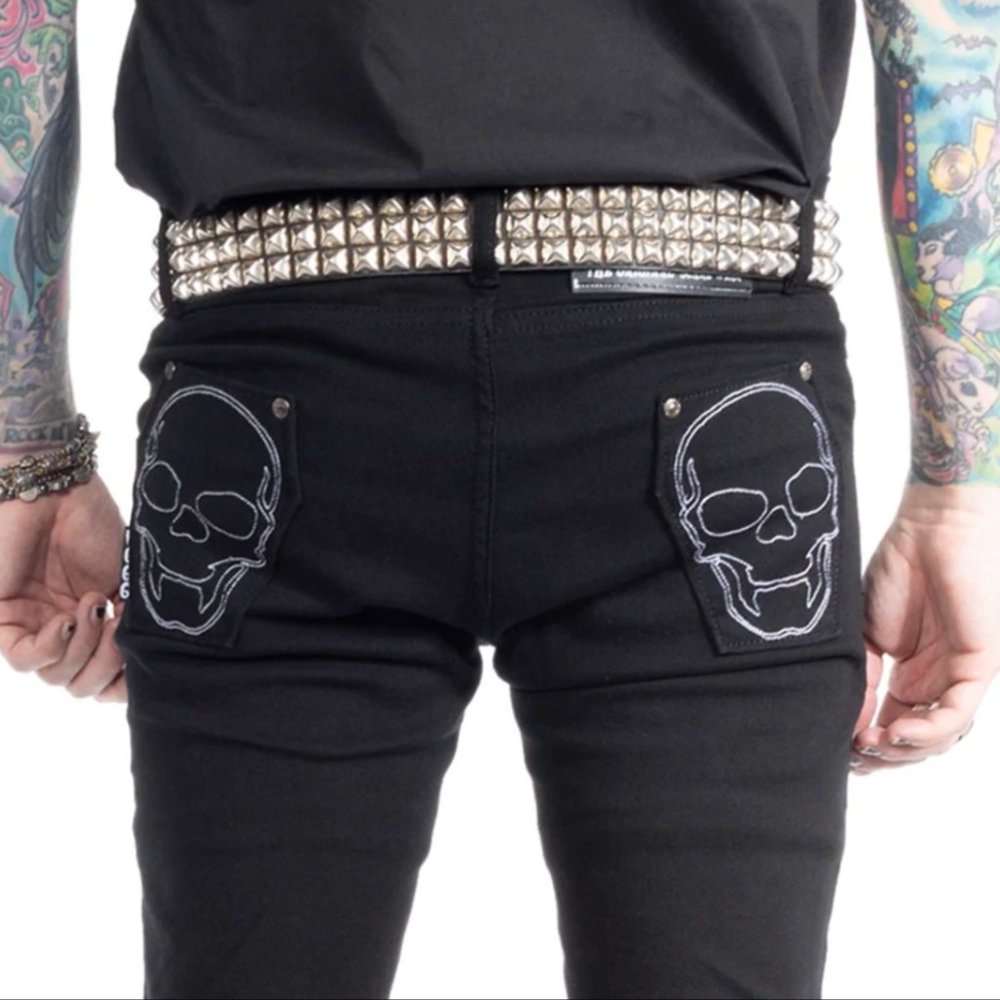 Men's Black Skinny Stretch Jeans Skeleton Bones Skull Coffin Pockets 26-40 NWT - Picture 3 of 4